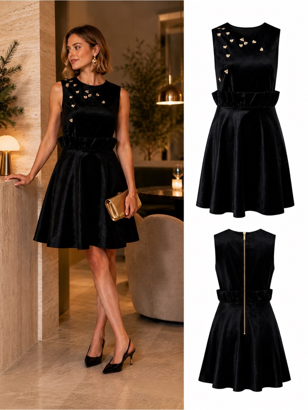 Ted Baker Celeena Queen Bee Velvet Cocktail Dress Gold Bee Embellished Sz 1 US 4